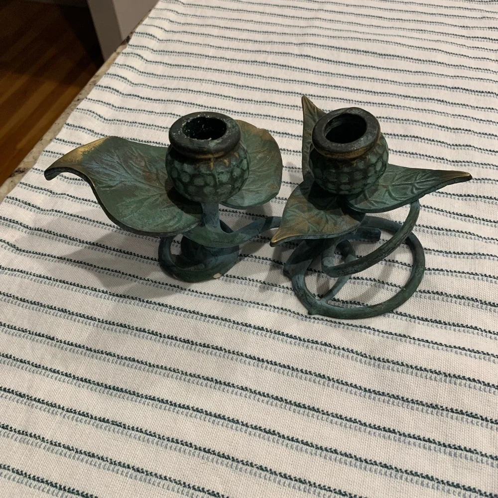 Vintage Cast Iron Green Vine Double Candlestick Holder